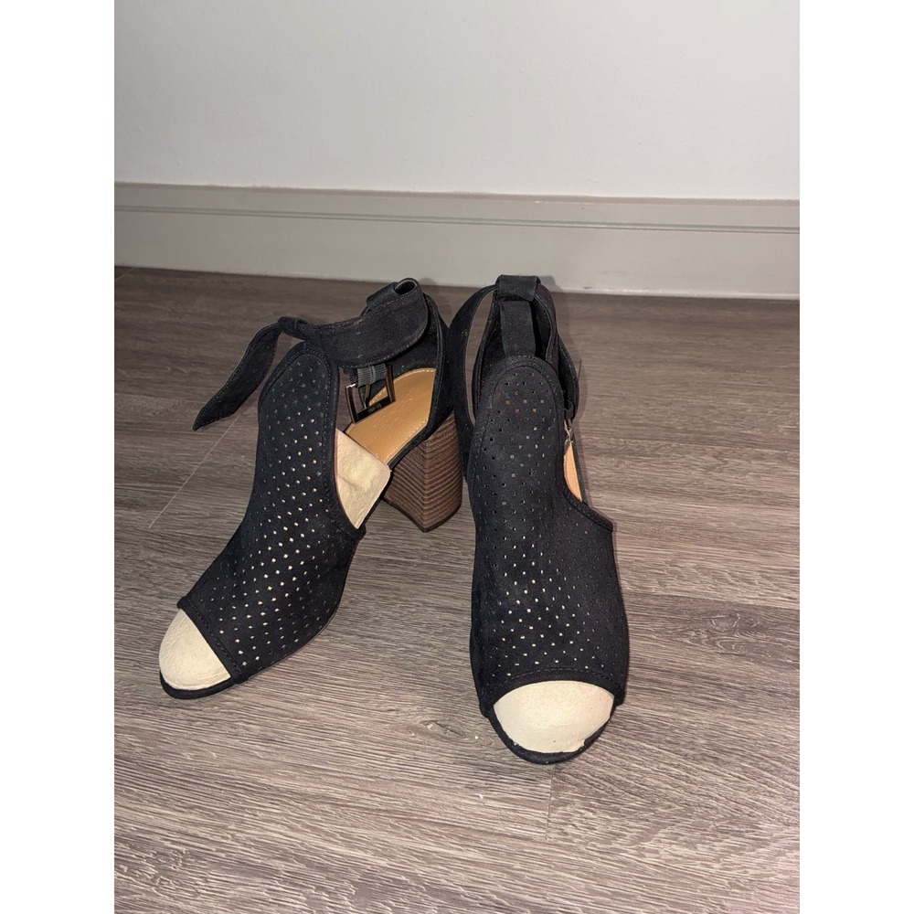 Women's Black Peep Toe Cutout Block Heel Booties Buckle Strap Suede Style Heels